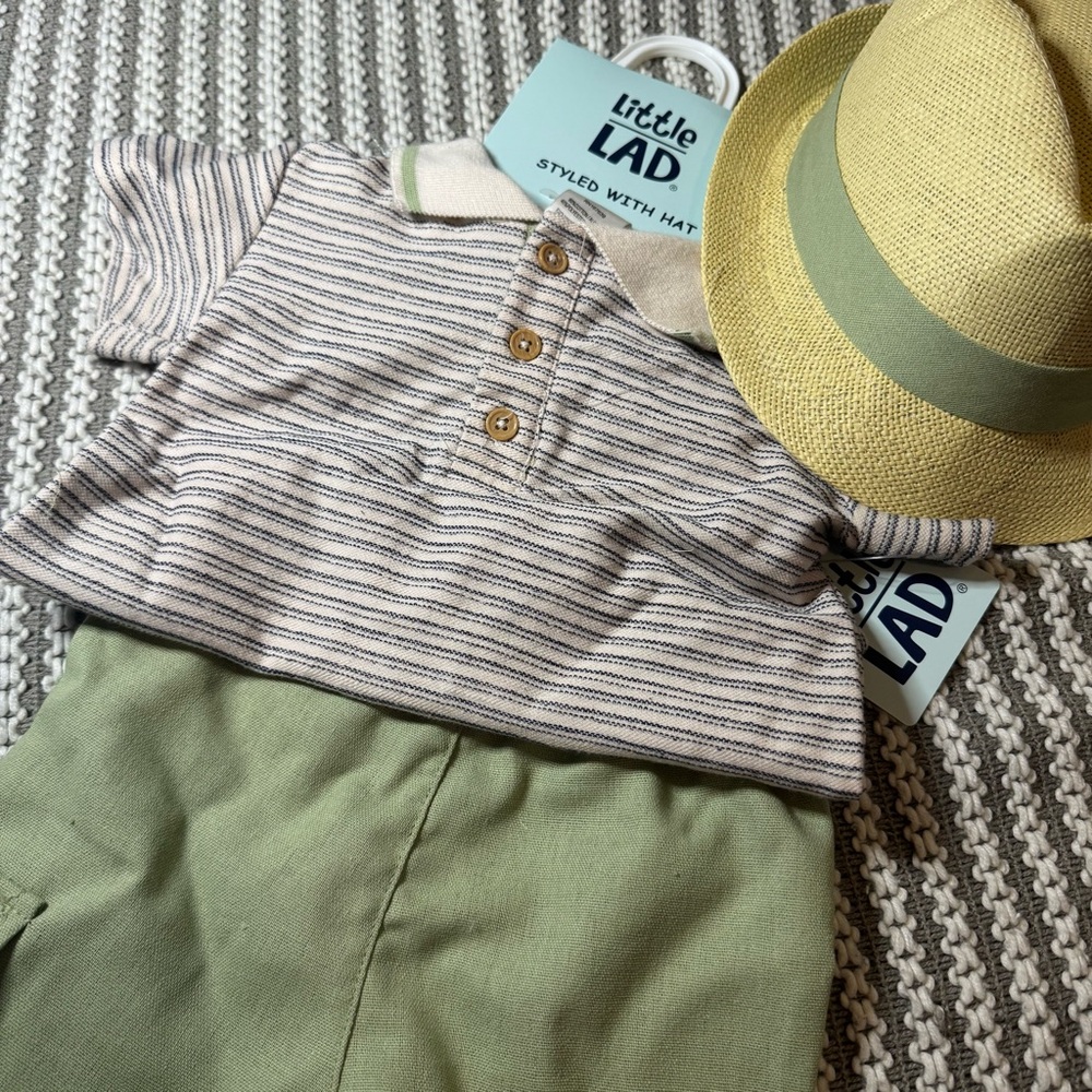 Little Lad 3 Piece |Striped Shirt and Green Shorts Set with Hat - Picture 2 of 6